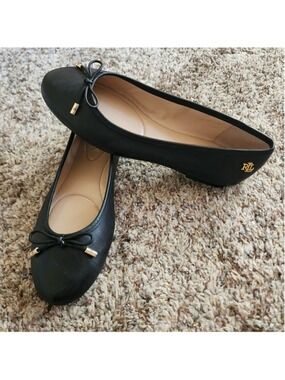 Lauren Ralph Lauren Black Bow Ballet Flats with Gold Accents